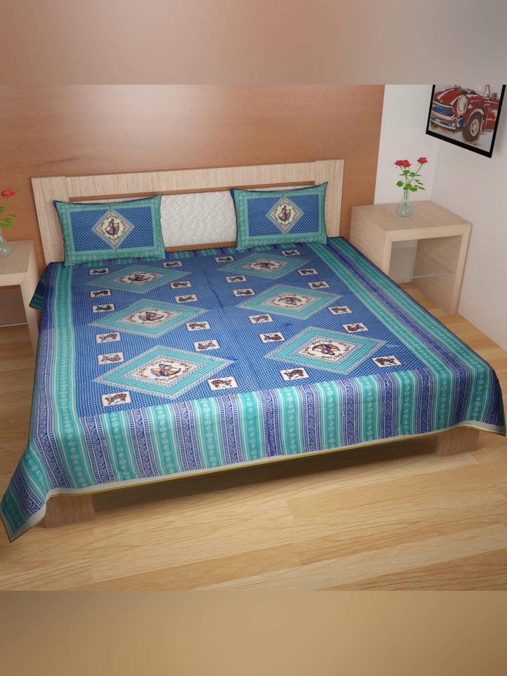 Indigo Indian Paisley Print King Cotton Bed Beach Sheet 3 Piece